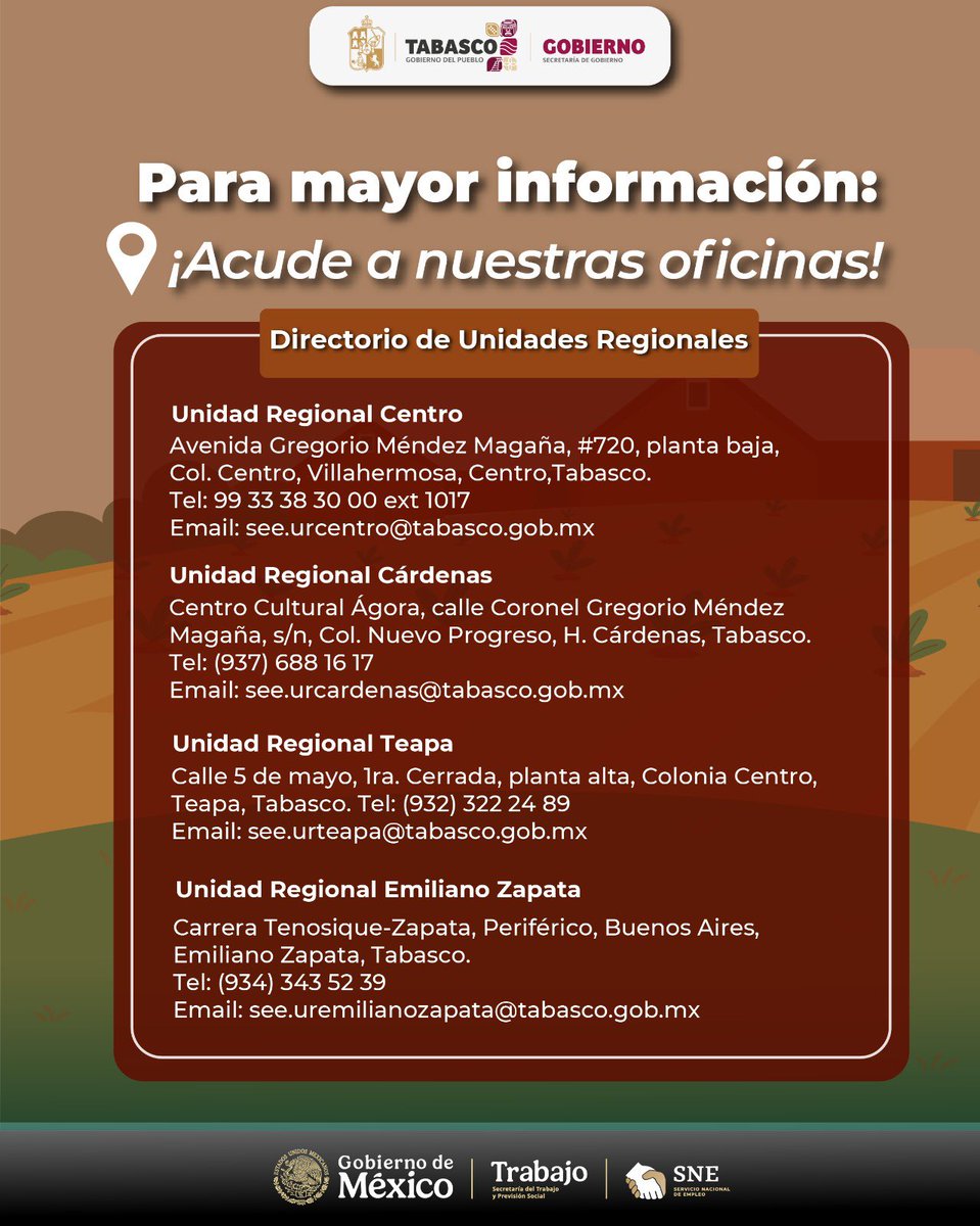 Reclutamiento para Jornaleros Agrícolas 👩‍🌾👨‍🌾

¡Trabaja en el extranjero de manera legal y segura! 

📍Si requieres más información, te invitamos a que acudas a cualquiera de nuestras 4 Unidades Regionales.

¡Todos nuestros programas y servicios son gratuitos!

#Tabasco #SNE #SEE