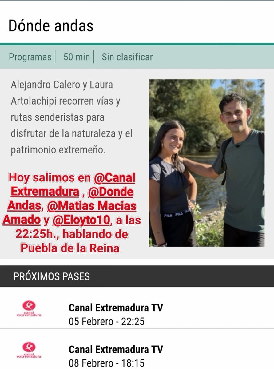 Por sí queréis ver hoy a PUEBLA DE LA REINA y saber un poquito más de su historia, gastronomía, patrimonio y riqueza natural, Don Matías Macías y <a href="/eloyto10/">MuskTeslafanpage</a>, salimos hoy, a las 22:25h., en <a href="/cextremadura/">Canal Extremadura</a> y el domingo día 8, en reposición, a las 22:25h., en el programa Donde Andas.