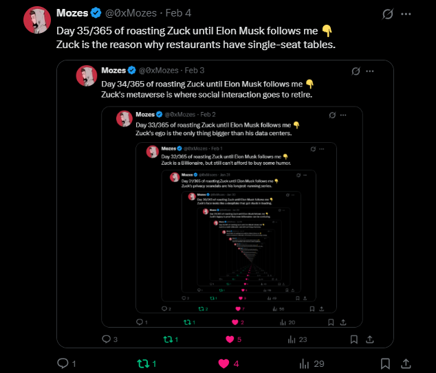 0xMozes's tweet photo. Day 36/365 of roasting Zuck until Elon Musk follows me 👇
Zuck's phone glitches when he opens front camera. https://t.co/waXbePEdim