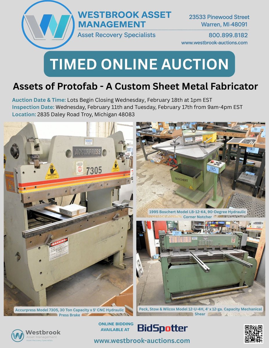 AssetWestbrook's tweet photo. BIDDING NOW OPEN‼️

Assets of Protofab – A Custom Sheet Metal Fabricator Timed Online Auction 

Accurpress 30 Ton Brake, (2) Bridgeport CNC Mills, 4’ x 12 ga Shear, Notcher, Timesaver, 4,000LB Fork Truck, Miller Welders, Strippit Punches, More...

https://t.co/dwKuFQHWrX https://t.co/UDsqAnOwSU