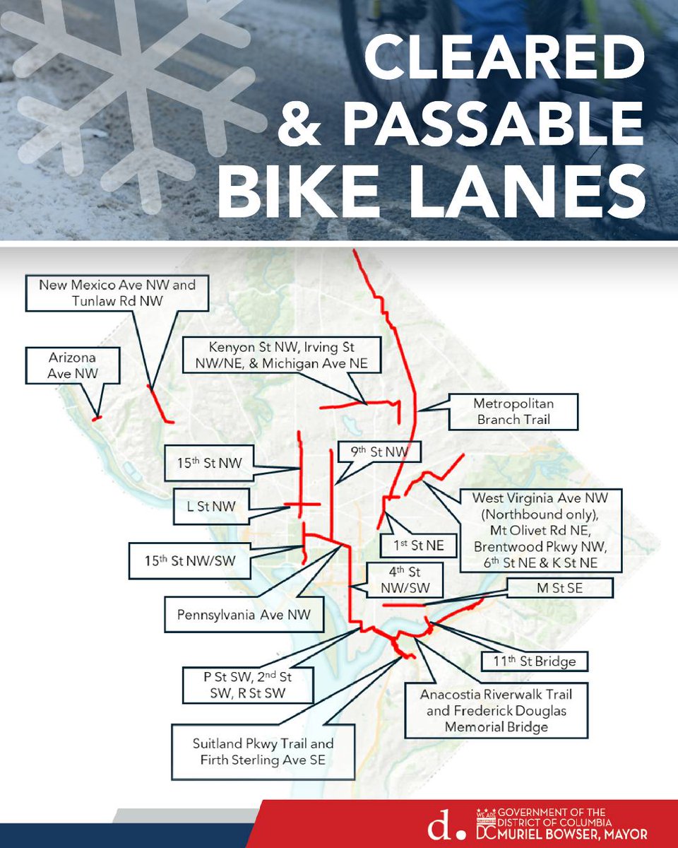 DDOTDC's tweet photo. Snow Removal Update: #DDOTDC crews have cleared and made passable 20+ miles of protected bike lanes and trails across DC as ice cleanup continues, including key connections like the Frederick Douglass Memorial Bridge. Thank you for your patience as work continues citywide. https://t.co/iYvMVIYLwT