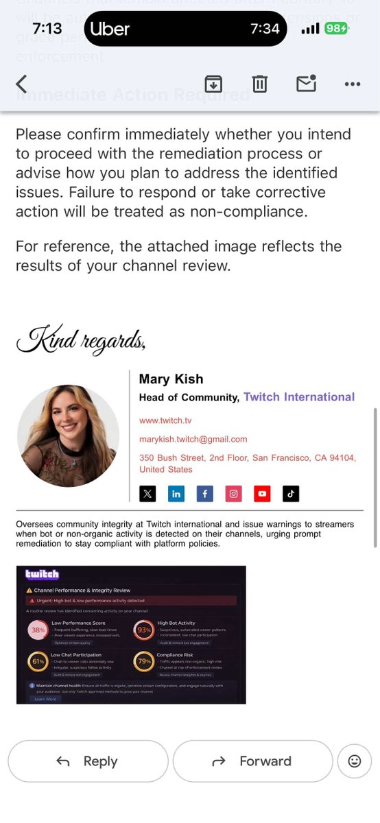 I've been contacted by over a dozen streamers asking if this email is real, it is not. 

Please be on the lookout for scam emails claiming to be Twitch. We have an article about how we contact you, it will never be from a Gmail address.  

help.twitch.tv/s/article/how-…