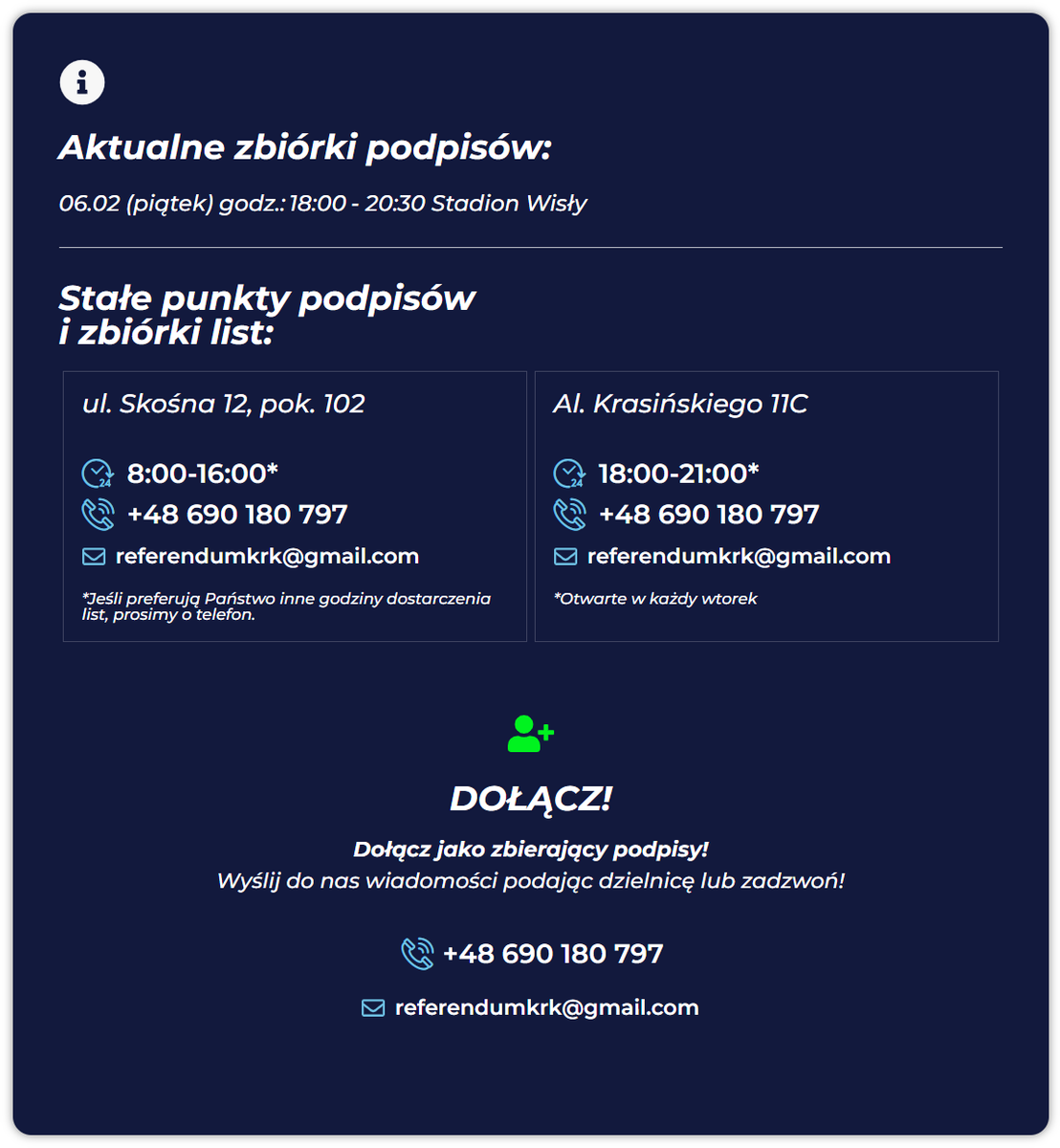 jaroslawbaca's tweet photo. Pamiętajcie!
Jutro (06.02.2026) zbieramy podpisy przy stadionie Wisły!

Przy okazji przypominamy...
Mamy dwa stałe punkty:
- Skośna 12, pok. 102 (od poniedziałku do piątku w godzinach 8:00-16:00)
- Al. Krasińkiego 11C (każdy wtorek)

#SCT #referendum #krakow #refendumkrk #stopsct https://t.co/x2b9TokTMb