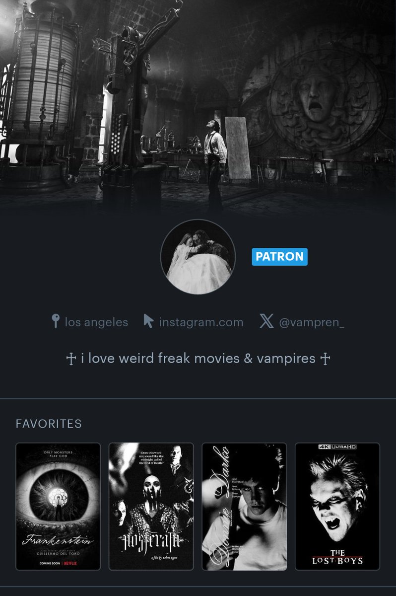: ¨·.·¨ : re-intro to horrortwt 𓆩♱𓆪
 `· . i'm ren! LA based / film freak
♱ vampires
♰ slashers
♰ gothic horror
♱ physical media
♰ classic monsters
♰ sci- fi, phycological &amp; body horror