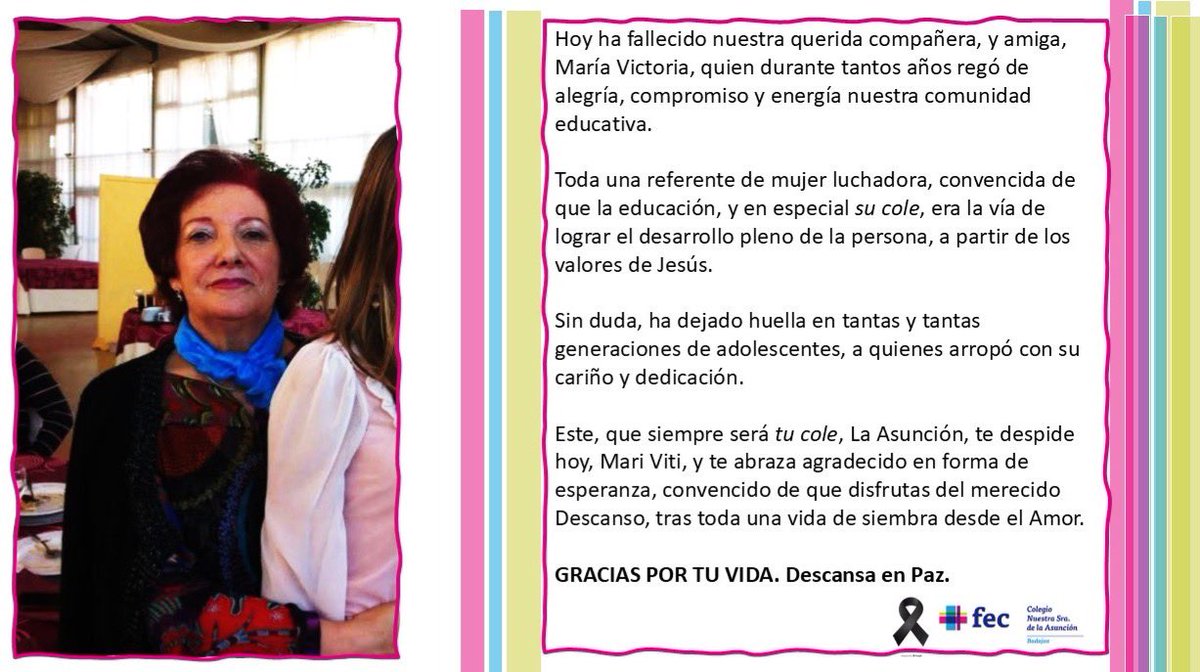 🕊️Hoy ha fallecido nuestra querida compañera y amiga, María Victoria.

🤍 Podremos despedirla y abrazarla por última vez mañana viernes, a las 11:00 h, en el Tanatorio Puente Real.

🏫Tu cole te despide y te abraza tras toda una vida de siembra desde el amor.
 🕯️Descansa en Paz.