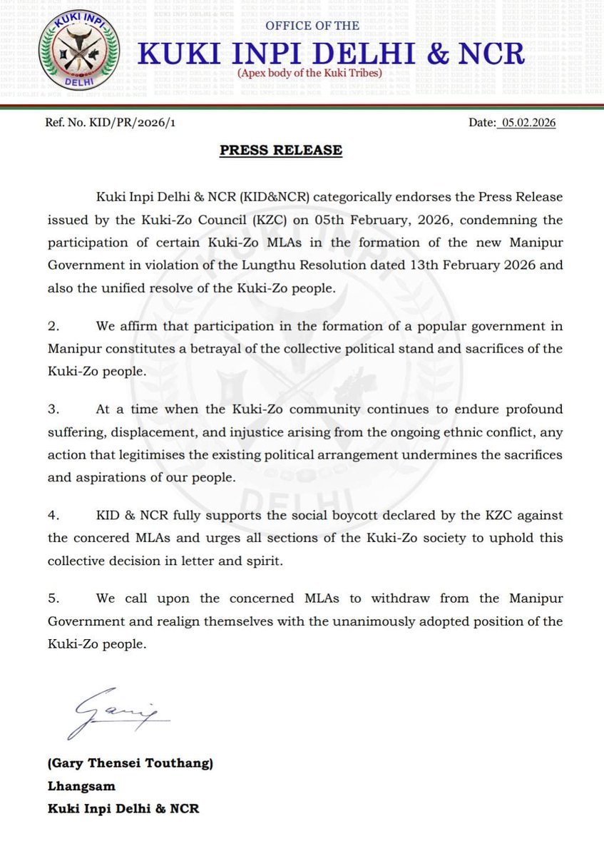The Kuki Inpi Delhi &amp; NCR endorsed the social boycott by the KZC against some Kuki-Zo MLAs who participated in forming the popular Govt. in Manipur.
<a href="/ANI/">ANI</a> <a href="/PTI_News/">Press Trust of India</a> <a href="/HMOIndia/">गृहमंत्री कार्यालय, HMO India</a> <a href="/PMOIndia/">PMO India</a> <a href="/the_hindu/">The Hindu</a> <a href="/BDUTT/">barkha dutt</a> <a href="/meipat/">patricia mukhim</a> <a href="/yaqutali/">Yaqut Ali</a> <a href="/thewire_in/">The Wire</a> <a href="/ttindia/">The Telegraph</a> <a href="/ThePrintIndia/">ThePrintIndia</a> <a href="/DeccanHerald/">Deccan Herald</a>