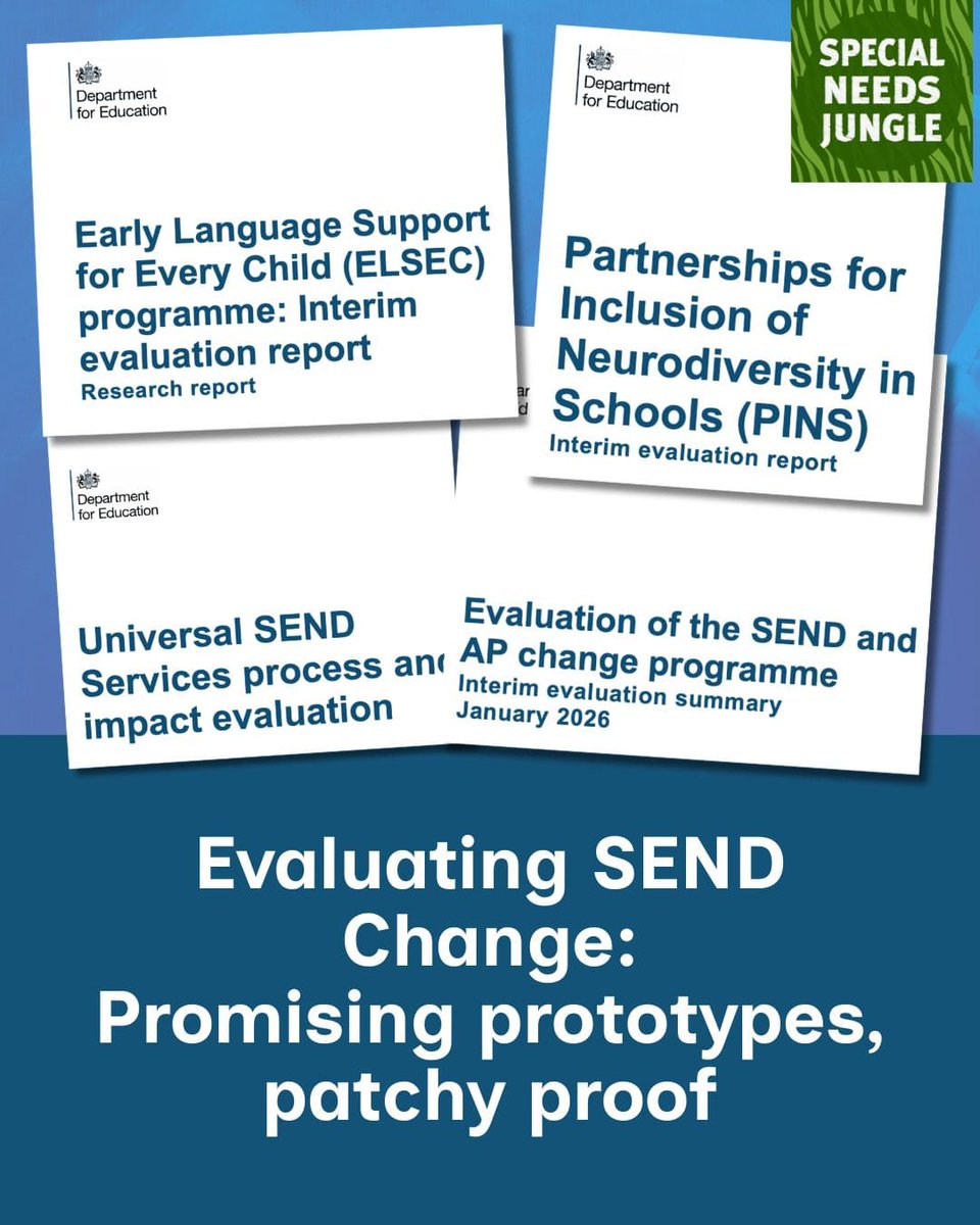 On SNJ Today: Almost as if something big is coming, a raft of evaluations has been published from testing SEND Change Programme pilots. <a href="/TaniaLT/">Tania Tirraoro FRSA - Special Needs Jungle</a> has bravely dived in and found promising prototypes, but patchy proof in these interim reports  specialneedsjungle.com/evaluating-sen…