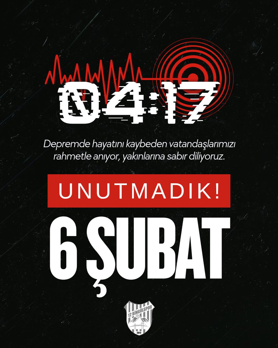 BingolsporFk's tweet photo. 🕊️ 6 Şubat’ı Unutmadık, Unutmayacağız. 

6 Şubat 2023’te yaşadığımız büyük depremde hayatını kaybeden vatandaşlarımızı rahmetle anıyor, yakınlarına ve milletimize sabır diliyoruz.

Acımız hâlâ taze; dayanışmamız, umudumuz ve birbirimize olan sorumluluğumuz ise güçlü.

Kaybettiklerimizi saygıyla anıyor, yaralarımızı birlikte sarmaya devam ediyoruz.
