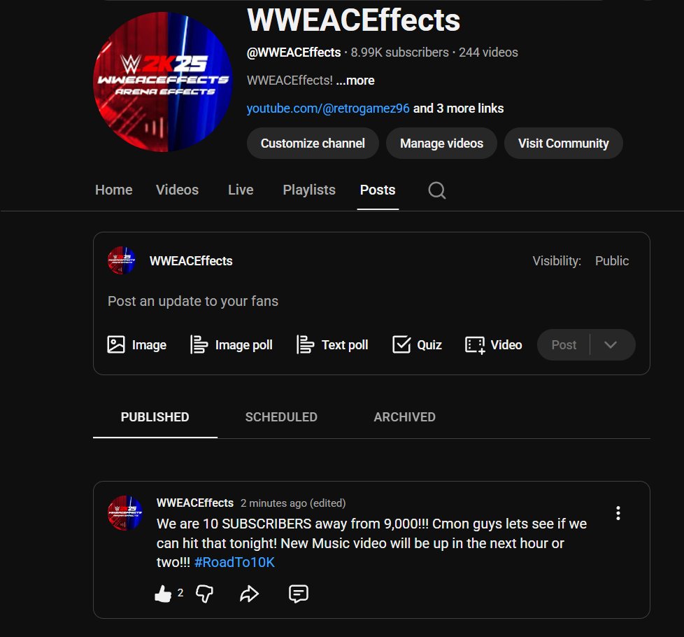 WWEACEffects's tweet photo. I'm about hit 9,000 subcribers on my YouTube channel! Only 9 subs away! Please go subscribe If we can hit that goal tonight, that would be amazing! #RoadTo10K 😀
https://t.co/ZG91pO8uSj https://t.co/reCncc9f3r