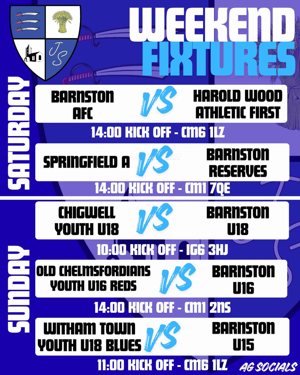 🔵⚪️WEEKEND FIXTURES⚪️🔵

⚽️ First Team
⏰14:00 KO - Saturday
🏟️CM6 1LZ

⚽️ Reserves
⏰14:00 KO - Saturday
🏟️CM1 7QE

⚽️U18’s
⏰10:00 KO - Sunday
🏟️IG6 3HJ

⚽️U16’s
⏰14:00 KO - Sunday
🏟️CM1 2NS

⚽️U15’s
⏰11:00 KO - Sunday
🏟️CM6 1LZ