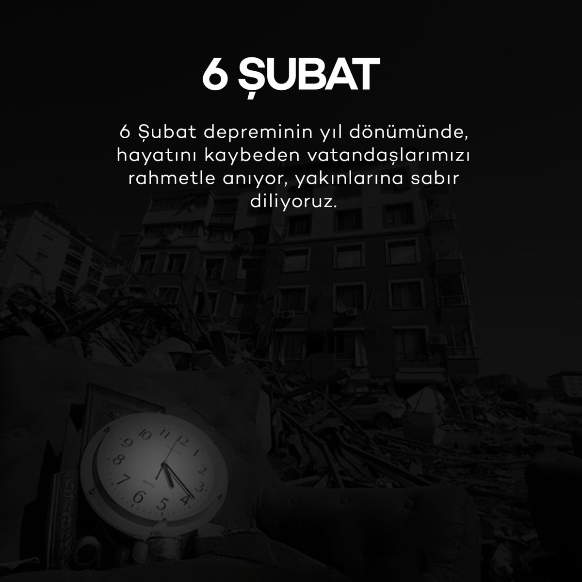 6 Şubat depreminin yıl dönümünde, hayatını kaybeden vatandaşlarımızı rahmetle anıyor, yakınlarına sabır diliyoruz.