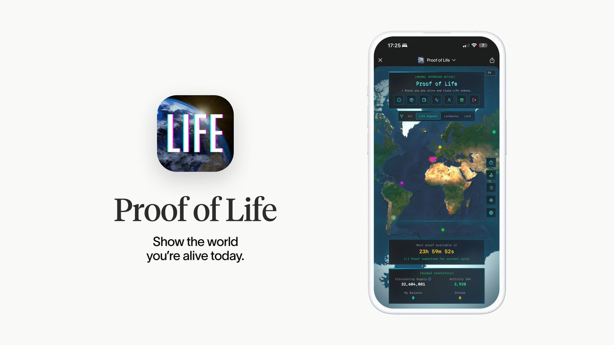 The Mini App of the week is: Proof of Life 

Submit proof of life with a daily check in. Each check-in adds a light on the map and showcases where the <a href="/_ProofofLife/">Proof of Life</a> community is active.