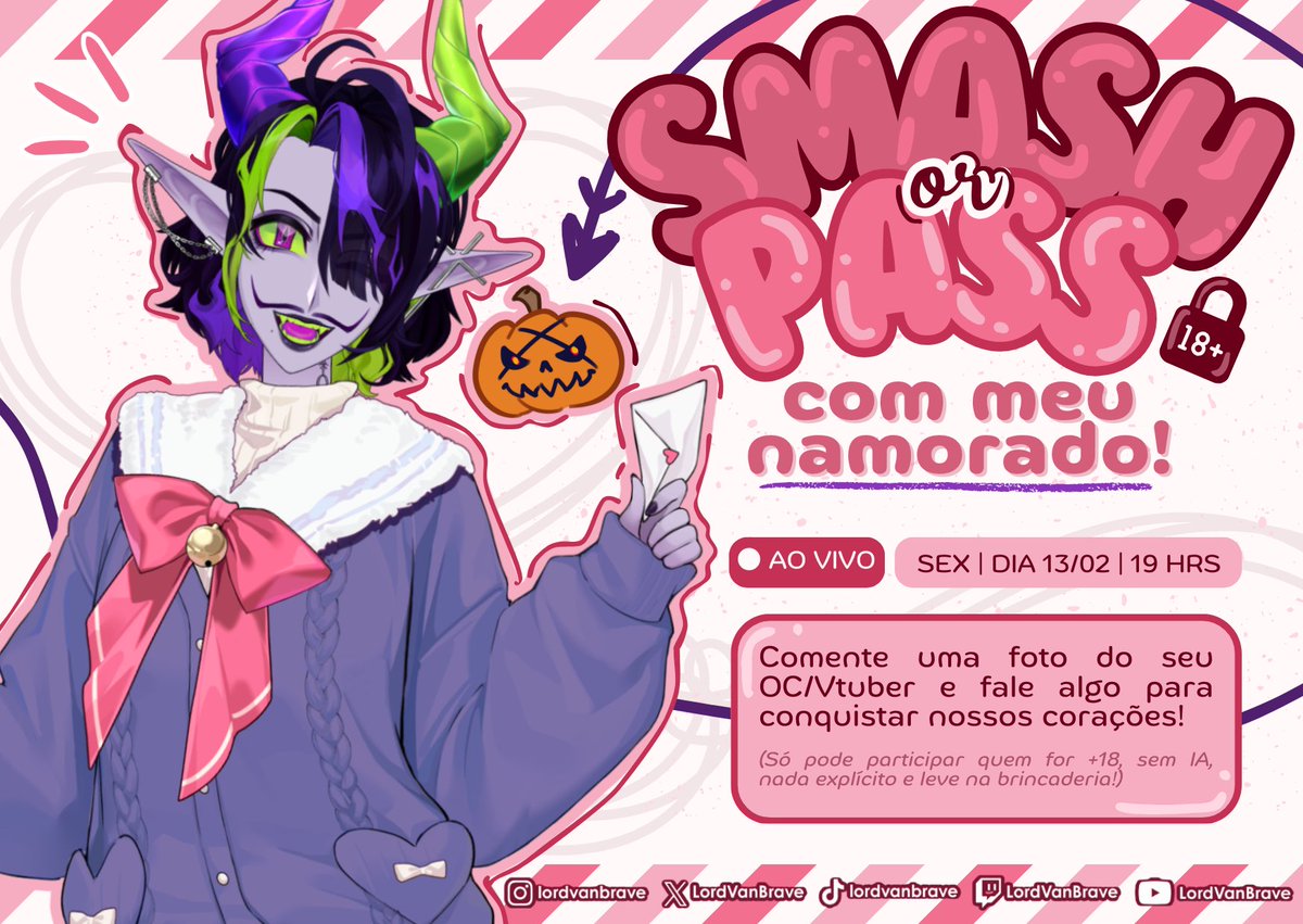 💘SMASH OR PASS💔

💌 Nesse Valentine's Day chamei o Quasar (MEU namorado) pra fazer uma live super especial de SMASH OR PASS com a gente!

🖼 Drope seu boneco e uma cantada nos comentários!
🗓 Ao Vivo na Sexta-feira | Dia 13/02 | as 19hrs