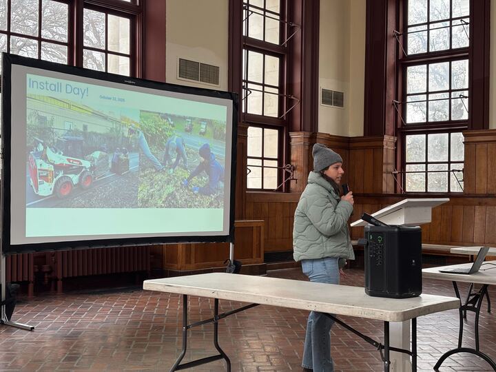 RiversideParkNY's tweet photo. This fall, after 2 years of solarization, Meadow Lab's native wildflower sod was installed on a slope overrun by knotweed. Here is Jessica Kaplan, Dir. of Hort., sharing this journey with other NYC green space stewards at the Restoration Practitioners' Meeting at Snug Harbor. https://t.co/8abcP47xqe