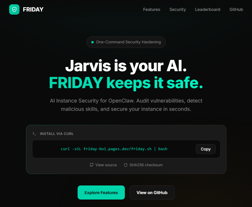 Juicetin's tweet photo. Your AI is JARVIS - who's keeping it secure?

Meet FRIDAY

curl -sSL https://t.co/PvuTGh2wuF | bash

One command security audit for OpenClaw https://t.co/uBPgEwa2jK