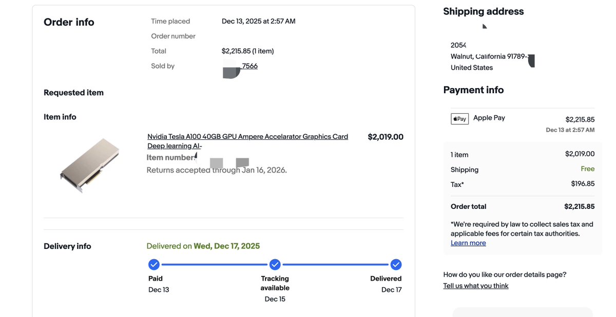 clouddock_gpu's tweet photo. W.T.F. Lab #2 — The 50% Mirage &amp; the Label Swap

A high-value GPU listing.
A recipient mismatch.
A pre-delivery cancel.
A buyer-protection desync window.

🎞️ We don’t deliver verdicts.
We deliver receipts and replay.
🔗 https://t.co/TvFg7NDmOa
#wtflab #a100 #ebay #fraud https://t.co/Xkirr8bPXx