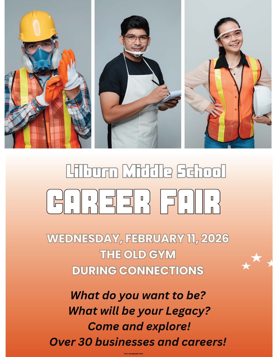 LilburnMiddle's tweet photo. Lilburn Middle School Career Fair is coming up on Wednesday, February 11! 🎓💼
We’re still looking for additional career and community speakers to join us and help inspire our students.

Sign up here: https://t.co/QaNEg1brFj https://t.co/FcD90UEDUP