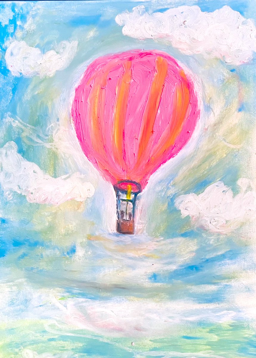 今朝のオイルパステル画 「気球に乗ってどこまでも」 Morning quick