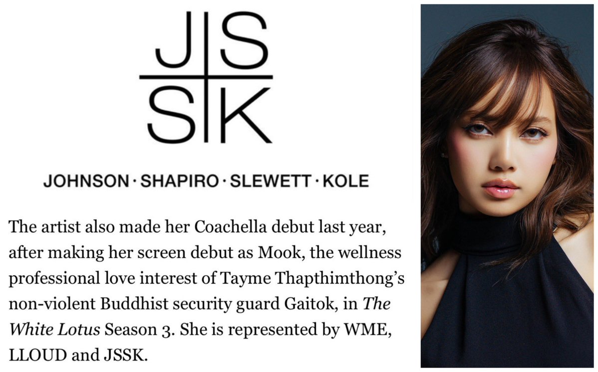 ตามรายงานของ Deadline ลิซ่าอยู่ภายใต้การดูแลของสำนักงานกฎหมาย Johnson Shapiro Slewett &amp; Kole LLP (JSSK) ที่เชี่ยวชาญด้านสายกฎหมายบันเทิงระดับท็อปของฮอลลีวูด ถูกมองว่าเป็น Boutique law firm ระดับ Elite คนดังที่อยู่ภายใต้ดูแลก็เช่น  Emma stone/Rihanna/Josh O’Connor 👀