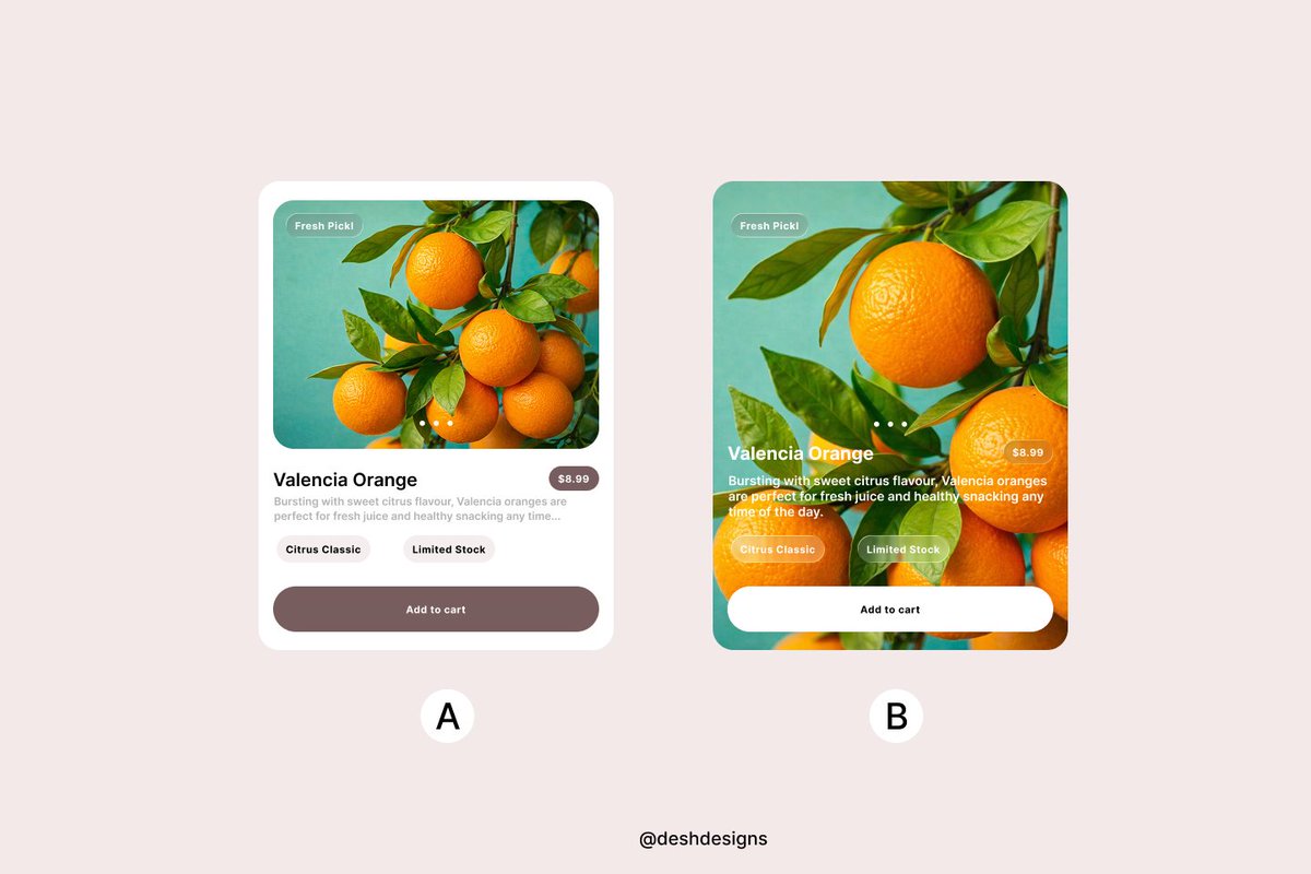 deshdesigns1's tweet photo. Subtle UI changes, totally different user behavior.
A or B? 👀🍊 #UIUX #UIUXDesign #figma https://t.co/SNBhoTWGzU