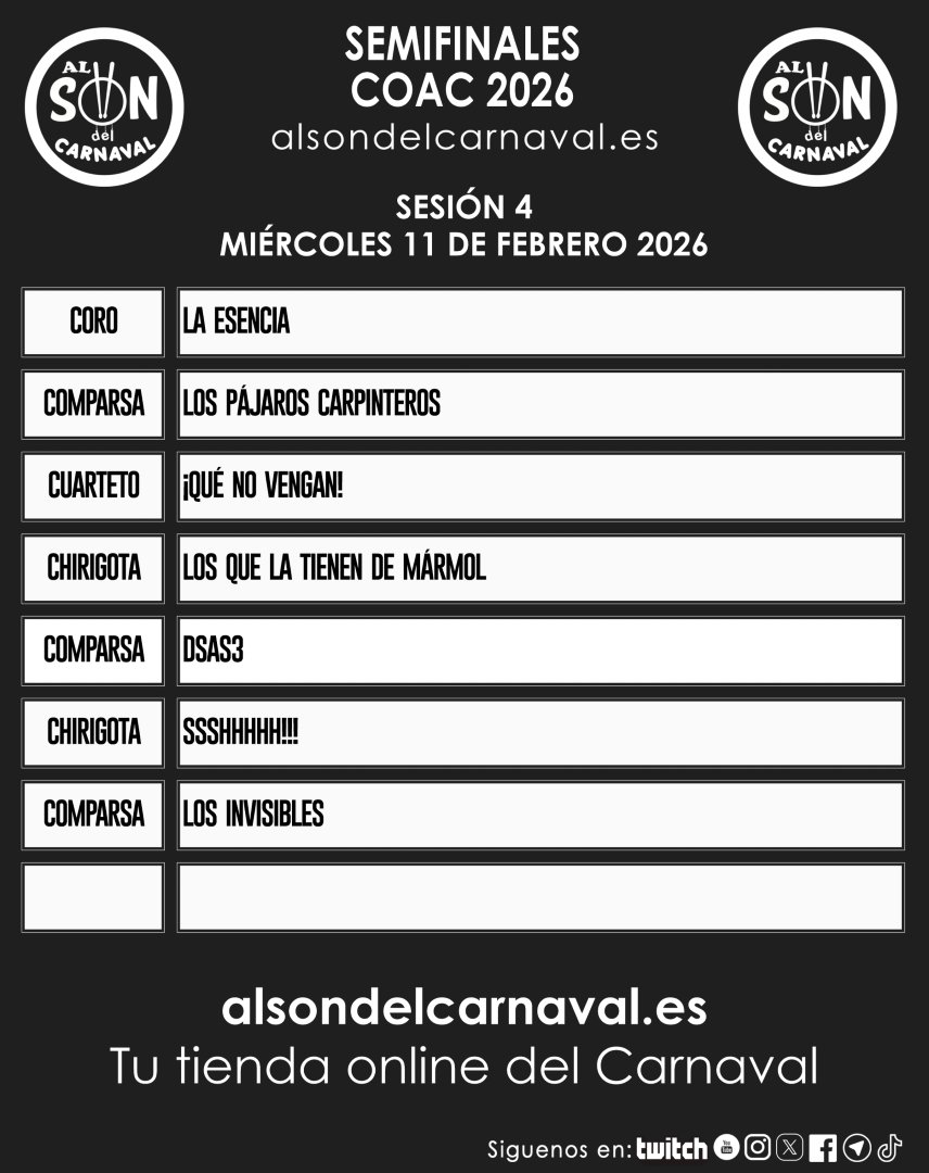 🎭 Orden de Actuación Semifinales #COAC2026 🎭

Todo el Carnaval en Al son del carnaval

#alsondelcarnaval #carnaval #carnavaldecadiz