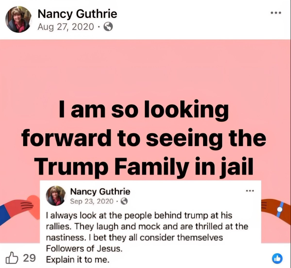 I fact checked this.     If she is still  alive ..  she will be eating crow.     She wants to see him and his family in jail .... he wants to see her found.    He is a better person than I am.   That's  for sure .