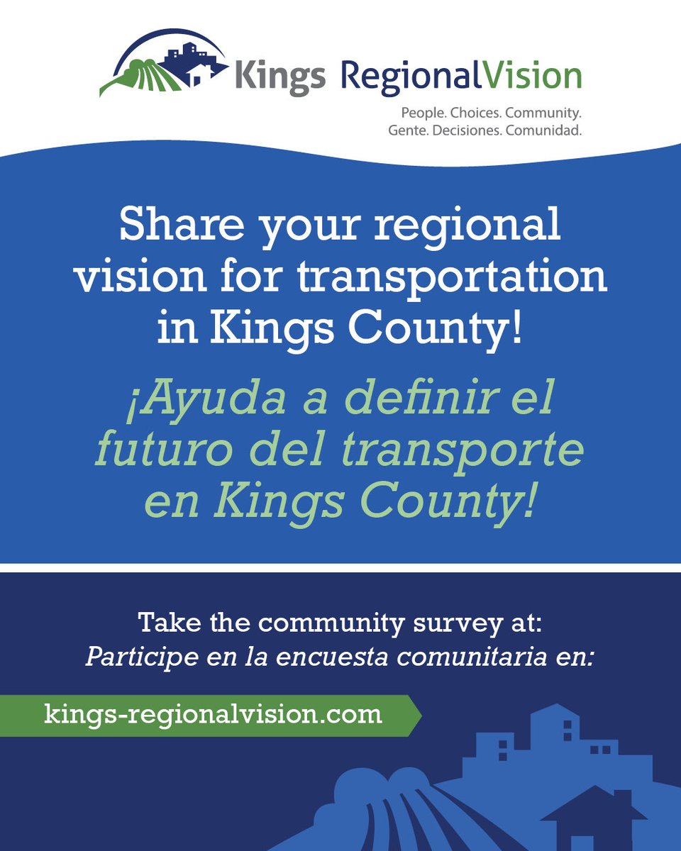 Transportation in Kings County is being planned for the next 20+ years and community input is key. 🚗🚕🚌🚐🚎🚆🚄
 
The Kings County Association of Government (KCAG) is updating the Regional Transportation Plan (RTP), a 20+ year roadmap that will guide investments and