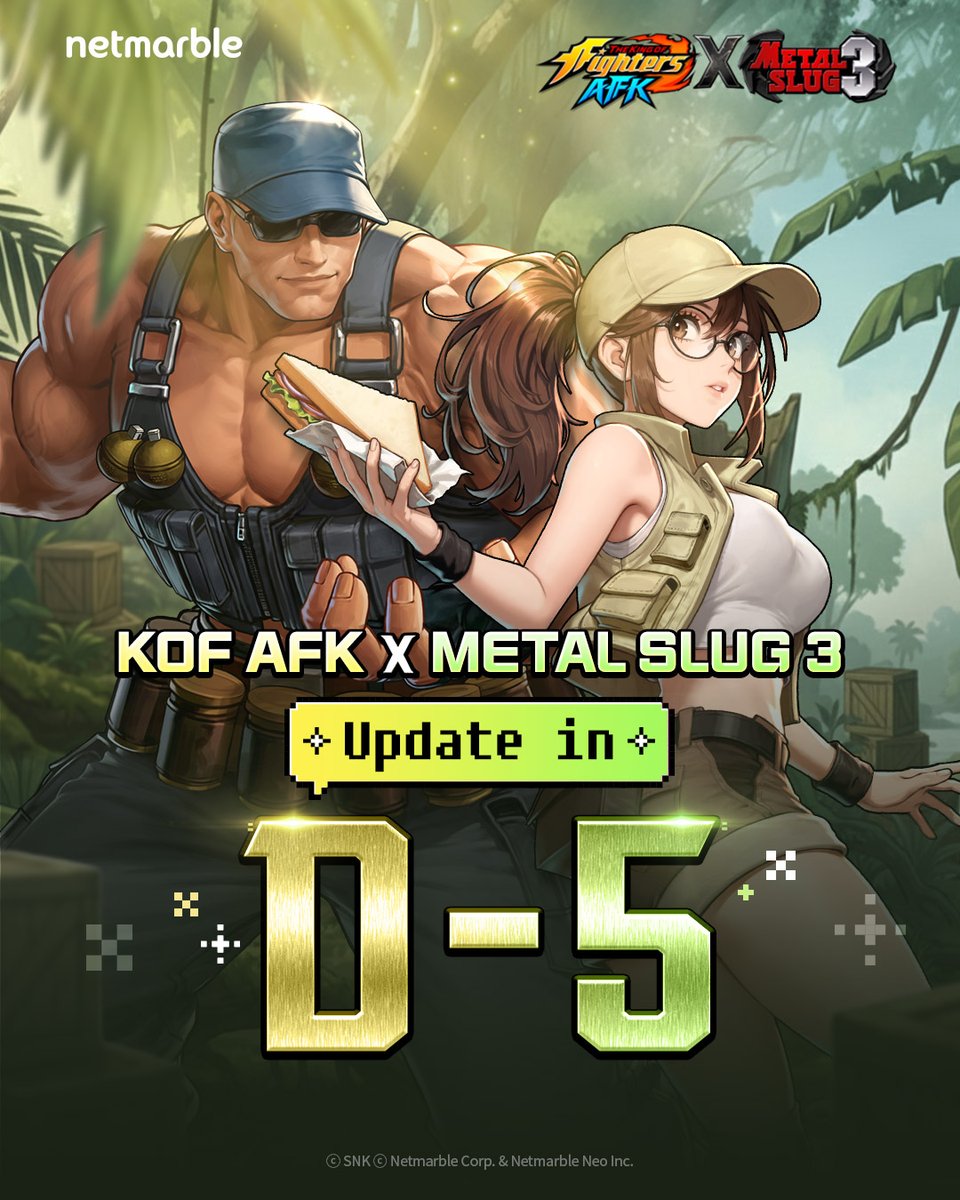 kof_afk's tweet image. A Tasty Break in the Jungle! D-5

#Fio munches on a sandwich while #Clark stands guard like a true comrade.🥪
Remember to grab those bananas and supply crates! 🍌

We’ll see you in KOF AFK in just 5 days!
👉 ntiny.link/kofafk

#TheKingOfFightersAFK
#KOFAFK
#MetalSlug3