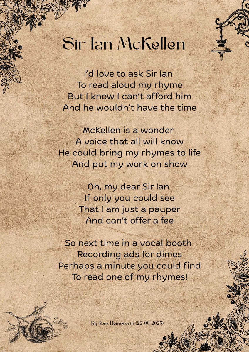 <a href="/JohnSimpsonNews/">John Simpson</a> Oh how much I would love to hear Sir Ian to read out one of my poems! <a href="/IanMcKellen/">Ian McKellen</a>