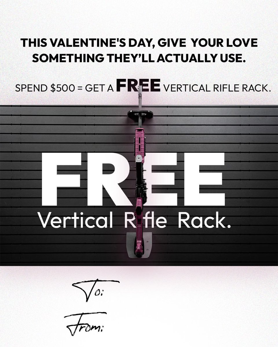 This Valentine’s Day, gift the one you love the most ❤️
Spend $500 and get a FREE Vertical Rifle Rack.

🖤🇺🇸 Love the 2A? Prove it.
Our Valentine’s Day rhyme giveaway is live. Enter your best rhyme on the official post pinned on the top.