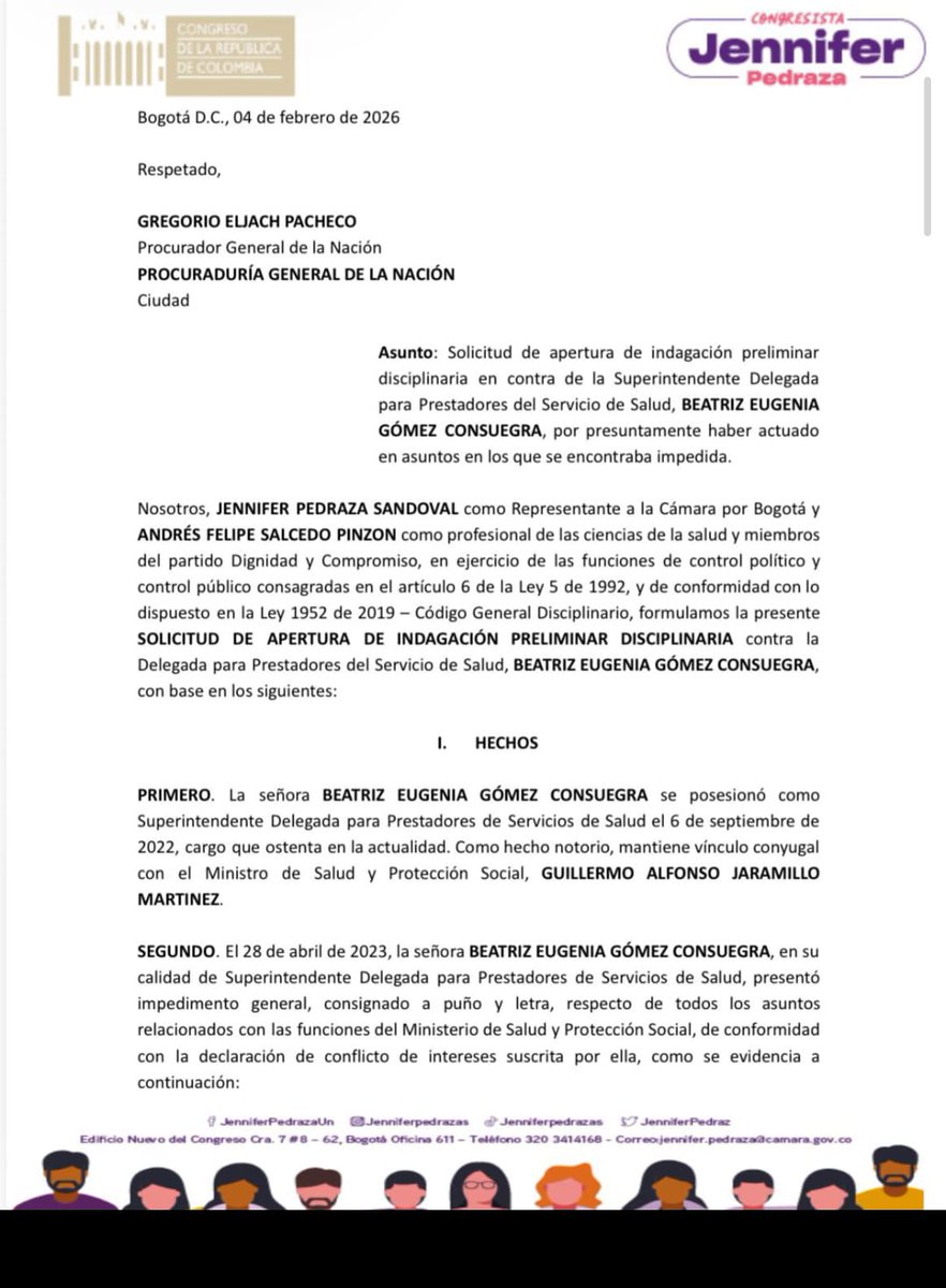 #POLÍTICA | La representante a la Cámara, Jennifer Pedraza (<a href="/JenniferPedraz/">Jennifer Pedraza #100 Ahora Colombia</a>) denunció ante la Procuraduría a Beatriz Gómez Consuegra, superintendente delegada de Salud y esposa del ministro Guillermo Jaramillo (<a href="/GA_Jaramillo/">Guillermo Jaramillo</a>), por una presunta intervención irregular en hospitales
