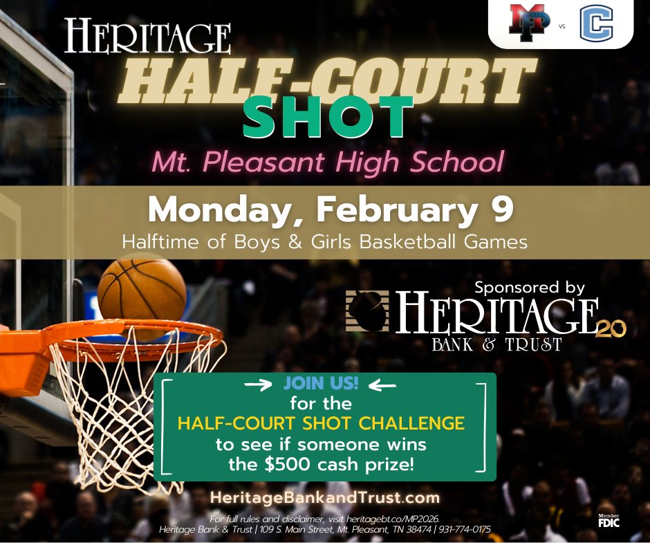 It's time for Mt. Pleasant HERITAGE HALF-COURT SHOT! 🏀😎10 lucky Seniors will have a chance to win $500* on Monday, February 9 during halftime of the Boys' &amp; Girls' Basketball Games! *For a complete list of rules, visit heritagebt.co/MP2026. #heritagehalfcourtshot