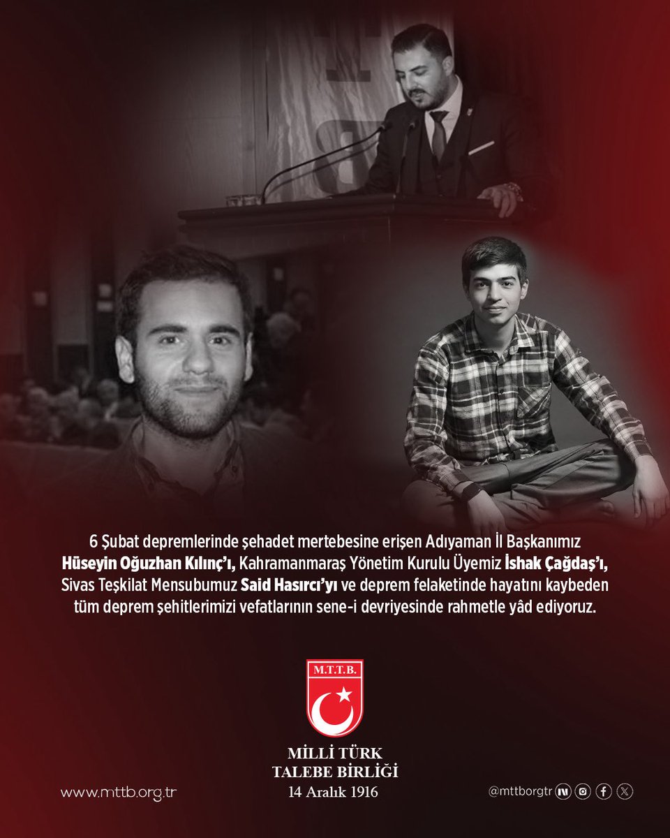 6 Şubat depremlerinin sene-i devriyesinde; Adıyaman İl Başkanımız Hüseyin Oğuzhan Kılınç, yöneticimiz İshak Çağdaş, teşkilatımızdan Said Hasırcı ve tüm şehitlerimizi rahmetle anıyoruz.