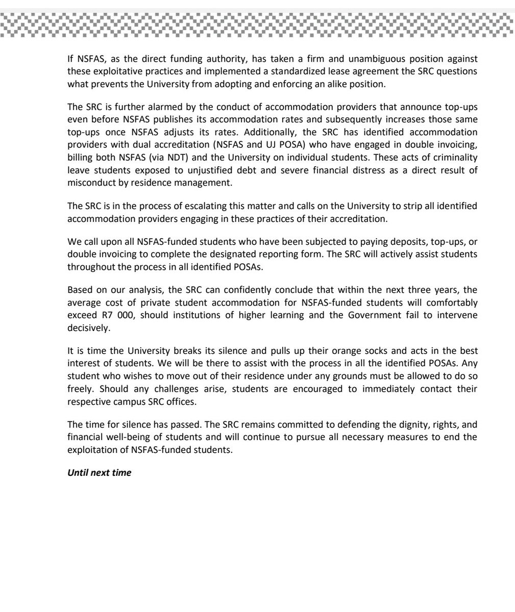 The statement of UJ CSRC on POSA Res that demands topups and overcharge students