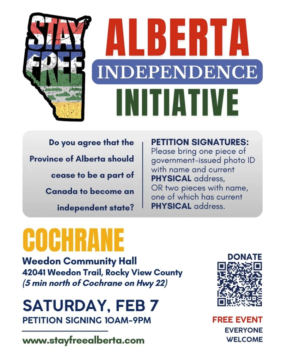 PaulMitchell_AB's tweet photo. Attention Albertans in the Cochrane area...

There are 2 upcoming sign-up opportunities for the Alberta independence petition in your area on February 7th and February 28th. The times and locations are below 🤠👇

Everyone is welcome. Come on out a be a part of Alberta history! https://t.co/S7iZi6WAKn