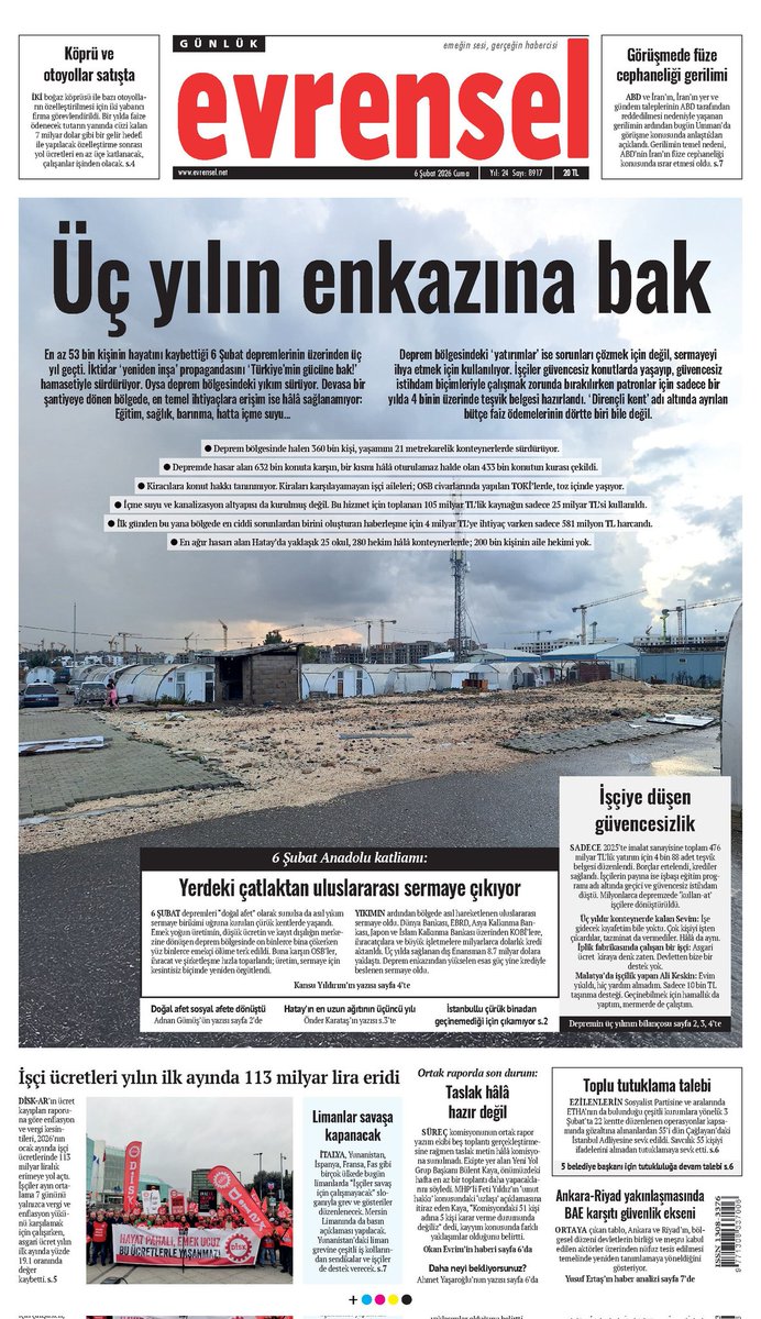 6 Şubat depremlerinin üzerinden 3 yıl geçti.. iktidar "Türkiye'nin gücüne bak" sloganıyla hamaset yapsa da tüm bölgede devasa sorunlar sürüyor. Bu sürede alınan 8.7 milyar dolarlık dış finansman da dahil tüm kaynaklar esasen bölgedeki sermaye ihtiyaçları için kullanıldı.