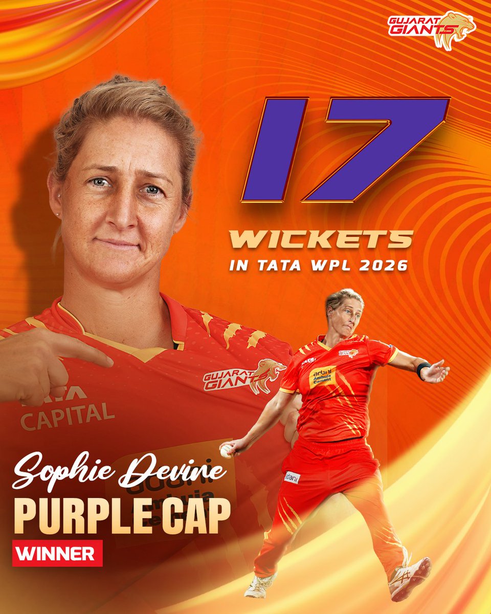 Giant_Cricket's tweet photo. Presenting you #TATAWPL 2026 Purple Cap winner. 💜 ❤️‍🔥

1️⃣7️⃣ wickets that truly earned this honour. Congratulations, Sophie! 👏

#GujaratGiants #BringItOn #Adani #GameOnGujaratStrong https://t.co/cd2TTfRlai