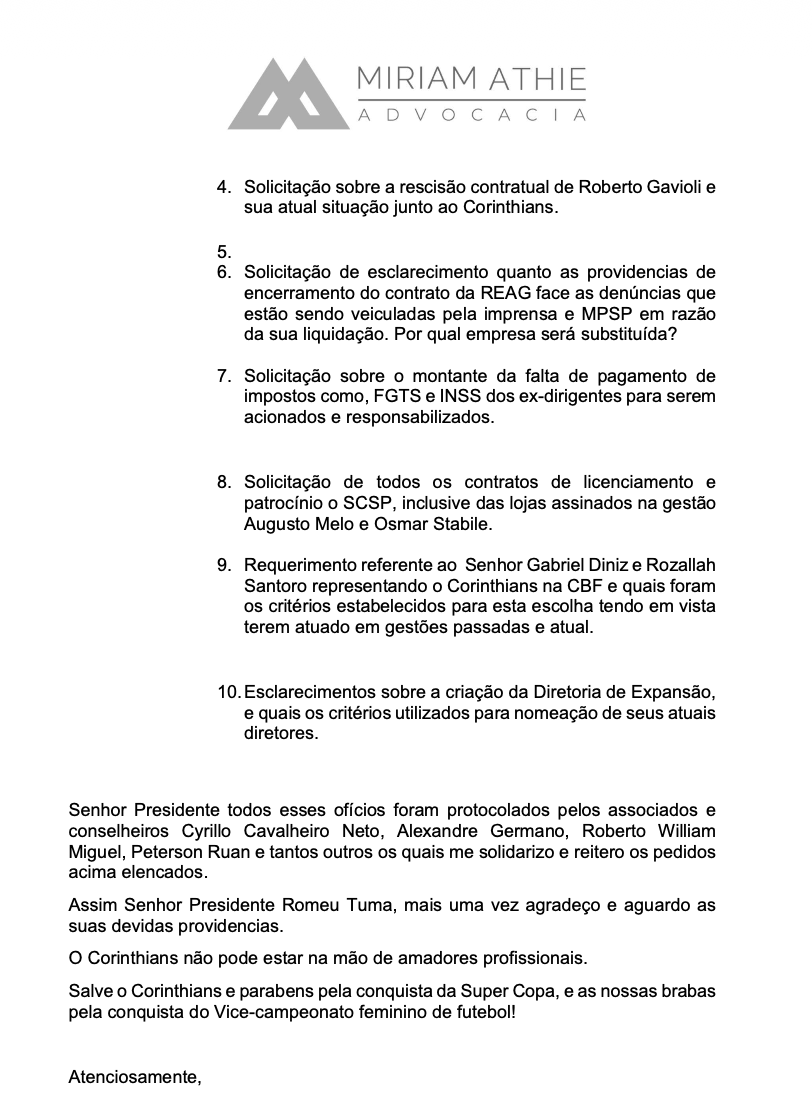 🚨 DOCUMENTOS REVELADOS  - MIRIAM ATHIÉ🚨

Tivemos acesso integral aos requerimentos oficialmente protocolados pela Dra. Miriam Athié junto ao presidente do Conselho Deliberativo do Sport Club Corinthians Paulista, conforme ela mesma havia prometido em sua entrevista aqui ao Voz