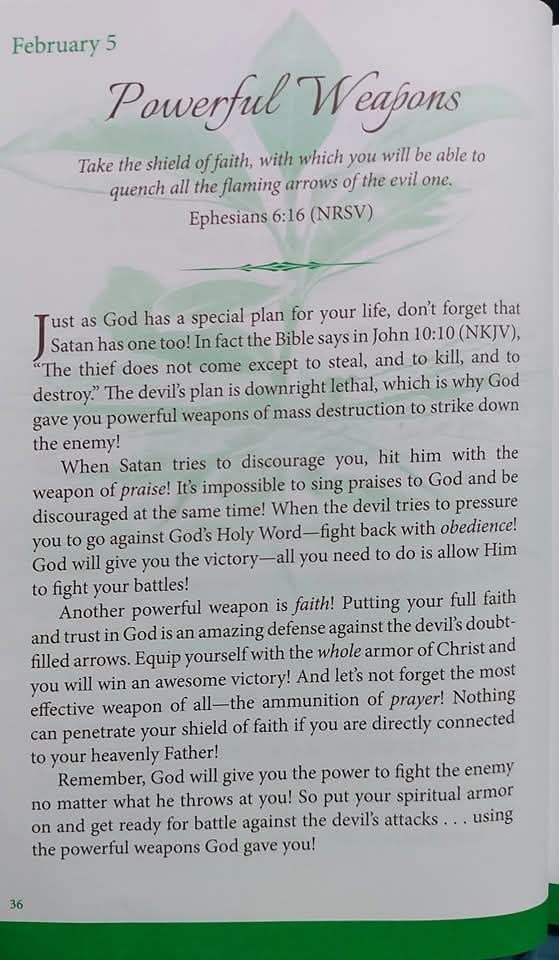 Godwakeupcall's tweet image. February 5
POWERFUL WEAPONS 
#KeyText: Ephesians 6:16
#By: Brenda Walsh 
#OneMinuteDailyDevotional