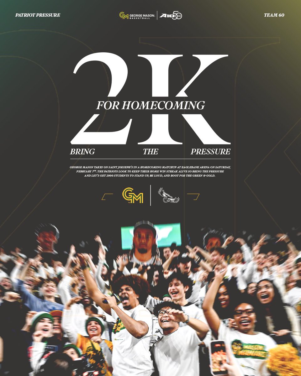 🚨 MASON STUDENTS 🚨

Let’s get to 2,000 students at Saturday’s Homecoming Game for the first time since 2013 💪

#PatriotPressure