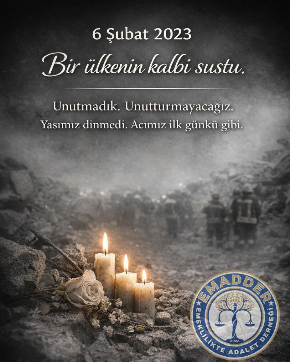 📷 6 ŞUBAT 2023 UNUTMADIK, UNUTTURMAYACAĞIZ 

6 Şubat 2023’te yaşadığımız büyük depremde kaybettiğimiz canları saygı, rahmet ve derin bir hüzünle anıyoruz.
Acısı hâlâ taze, yüreğimizdeki izi hâlâ derin…

Hayatını kaybeden tüm vatandaşlarımıza Allah’tan rahmet, geride kalan