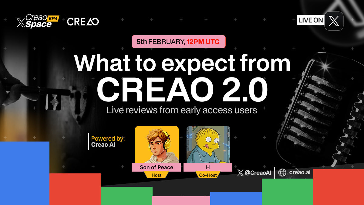 X Space: CREAO 2.0 — Early Access Features 📆 This Friday (12PM UTC) 🎙️ <a href="/Sonofpeace0001/">SON OF PEACE 🏅</a> &amp; <a href="/Mr_Hy4/">H</a>

We’re breaking down the new CREAO 2.0 building blocks now live in early access (staging).

Multi-tool integrations, smarter memory, new components, we’ll explain what’s live,