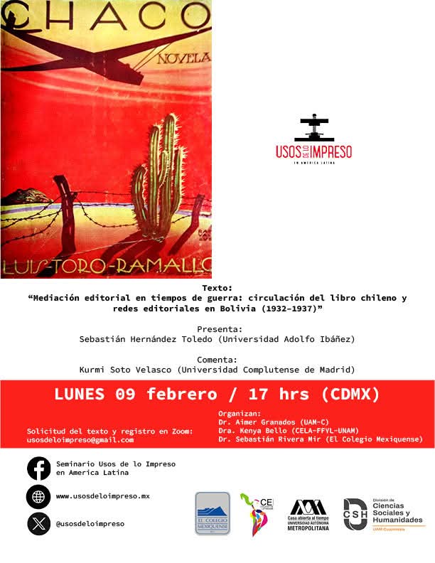 Les recordamos que el próximo lunes, 9 de febrero nos acompañarán Sebastián Hernández Toledo y Kurmi Soto Velasco para conversar sobre redes editoriales entre Bolivia y Chile. Envíanos un correo o mensaje para adquirir el material de apoyo y la liga de acceso.