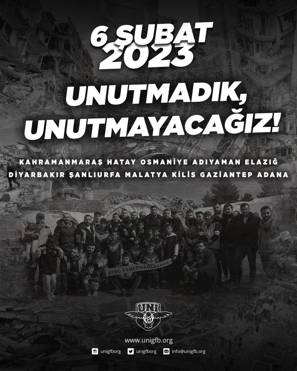 UNUTMADIK, UNUTMAYACAĞIZ!

6 Şubat 2023 depreminde hayatını kaybeden vatandaşlarımızı rahmetle anıyoruz. #UNIGFB
