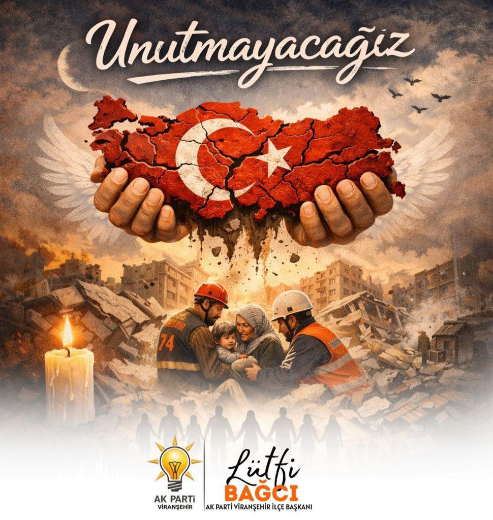 lutfibagci's tweet image. 6 Şubat’ı Unutmadık.

Asrın felaketi olarak hafızalarımıza kazınan
6 Şubat 2023 depremlerinde hayatını kaybeden vatandaşlarımızı
rahmetle, özlemle ve saygıyla anıyoruz.

Acımız ilk günkü gibi taze,
kardeşliğimiz ve dayanışmamız ise her zamankinden daha güçlü.

Rabbim milletimize…