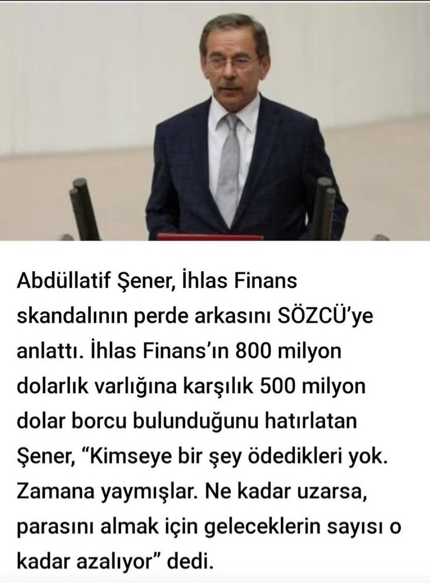 <a href="/adnozt/">adnan öztürk</a> <a href="/zcankavurt/">özcan</a> <a href="/YasinAslanTrk1/">Yasin Aslan</a> #ihlasfinans da yolsuzluk yaptı gerekçesi ile devlet finansın faaliyetine son verdi, tasfiye sürecine girmesini sağladı.
#ihlasgrubu 25 yıldır tasfiye devam ediyor gibi gösteriyor milletin alınterini <a href="/mucahid_oren/">Ahmet Mücahid Ören</a> kendi çıkarı için 25 yıldır sıfır faizsiz kullanıyor.
<a href="/RTErdogan/">Recep Tayyip Erdoğan</a>