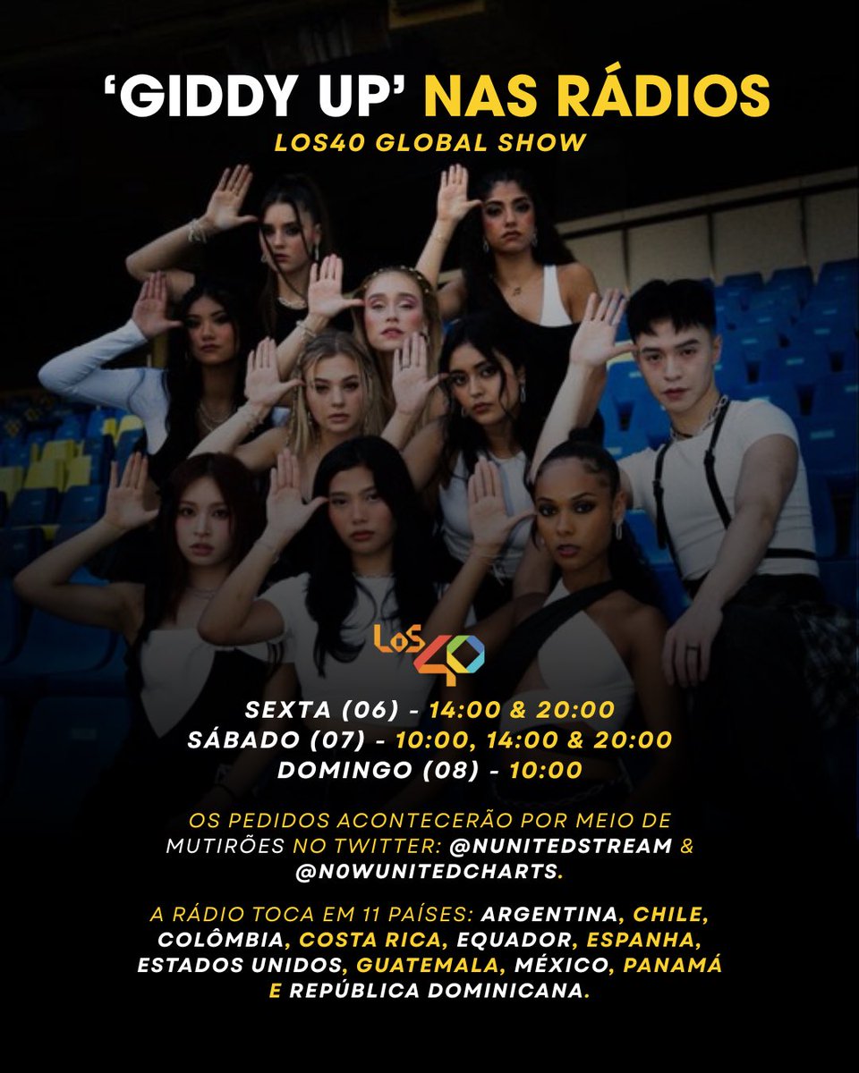 NUnitedStream's tweet photo. 🚨 Uniters, a partir de amanhã faremos mutirões pedindo Giddy Up na rádio Los 40! 🐎 Se fizermos bastantes pedidos a música tocará em mais de 10 países no domingo! 🤩

👇 No tweet abaixo segue os horários  em outros países! 🌎 https://t.co/5Yx5zxDPRw