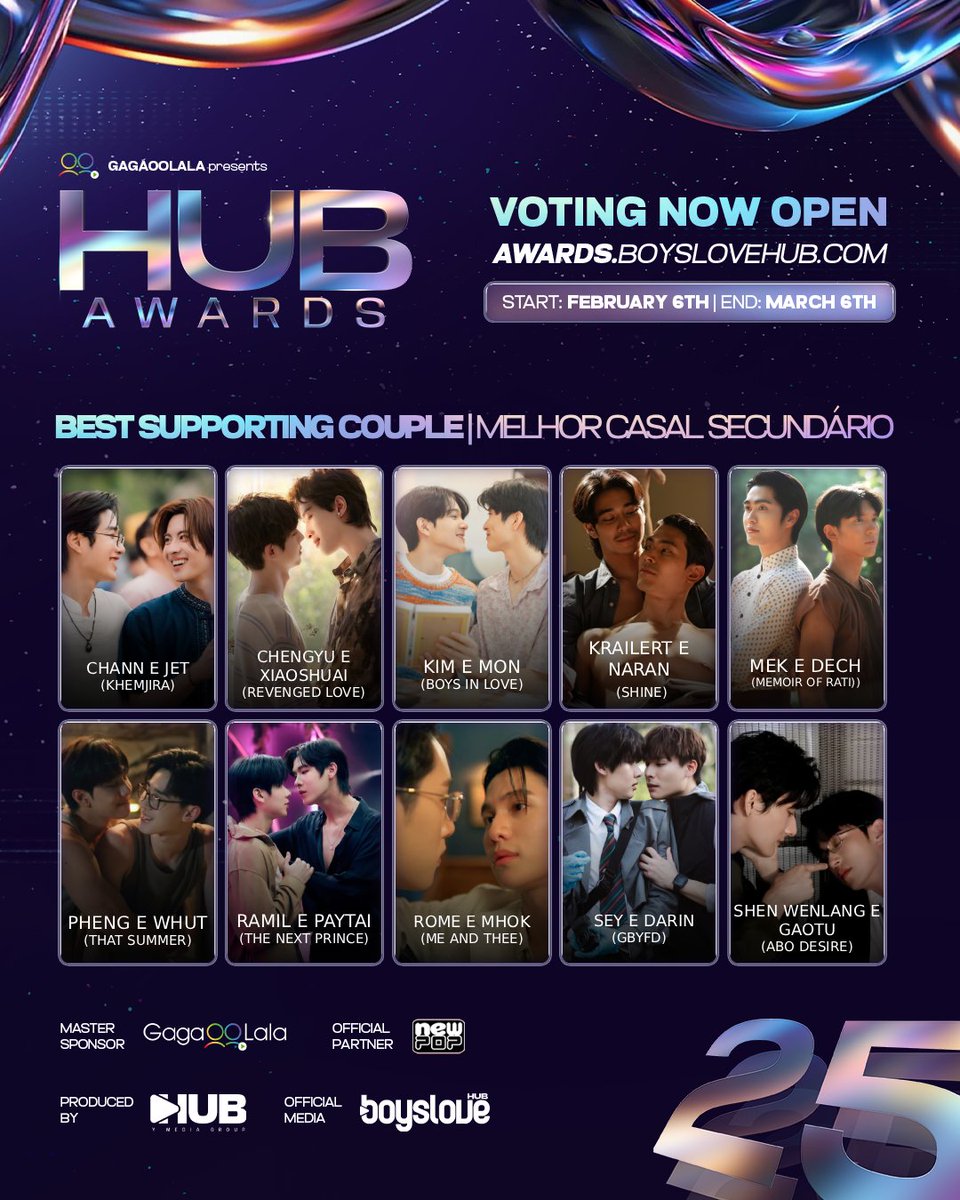 hubboyslove's tweet photo. ⟨#HUBAwards2025⟩ BEST SUPPORTING COUPLE (CHARACTERS) | MELHOR CASAL SECUNDÁRIO (PERSONAGENS)

NOMINEES | INDICADOS:

• CHANN E JET (KHEMJIRA)
• CHENGYU E XIAOSHUAI (REVENGED LOVE)
• KIM E MON (BOYS IN LOVE)
• KRAILERT E NARAN (SHINE)
• MEK E DECH (MEMOIR OF RATI)
• PHENG E WHUT (THAT SUMMER)
• RAMIL E PAYTAI (THE NEXT PRINCE)
• ROME E MHOK (ME AND THEE)
• SEY E DARIN (GBYFD)
• SHEN WENLANG E GAOTU (ABO DESIRE)

VOTE: https://t.co/dJse6HHIUG