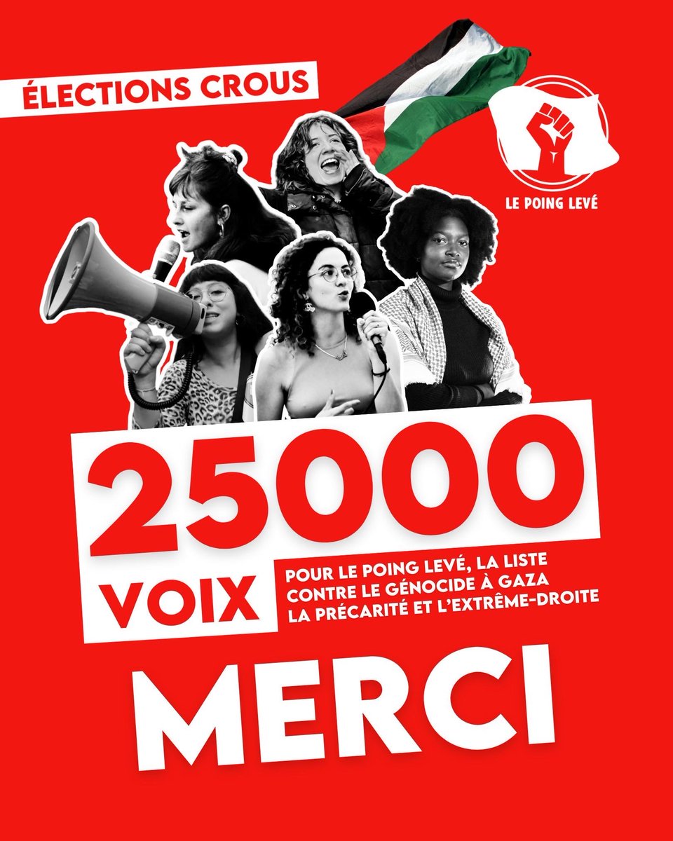 C’est la fin des élections CROUS, et les résultats disent beaucoup de choses de notre génération.

Déjà, Le Poing Levé s’impose comme une force incontournable du mouvement étudiant. Une organisation révolutionnaire avec un programme de lutte pour la Palestine, contre