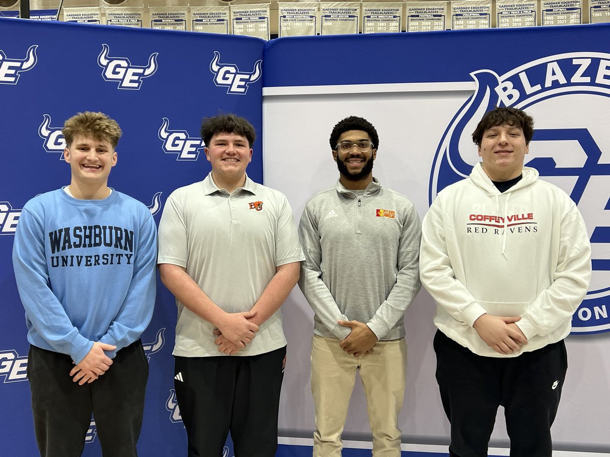 Proud of our student-athletes who signed to continue their careers at the collegiate level!
<a href="/GETrailblazerFB/">GARDNER EDGERTON FOOTBALL</a> 
<a href="/Parker_Olson_/">Parker Olson</a> 
<a href="/JensenHoney1/">Jensen Honey</a> 
<a href="/syre_padilla13/">Syre Padilla</a> 
<a href="/BennettV_62/">Bennett Vann</a>